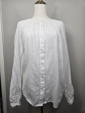 Talbots White Swiss Dot Button Down Blouse Size L Band Collar 100% Cotton